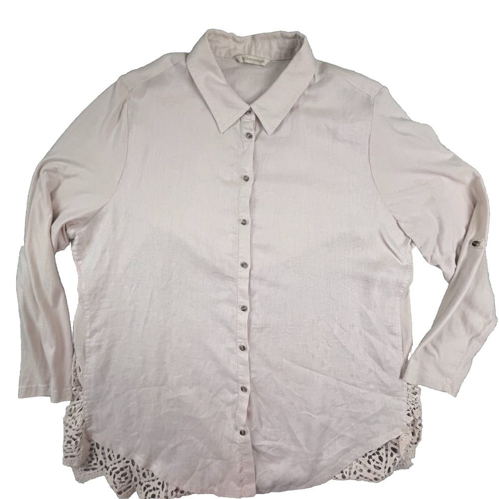 Soft Surroundings Button Down Womens 2XL Blush Pink Linen Blend Roll Tab Crochet
